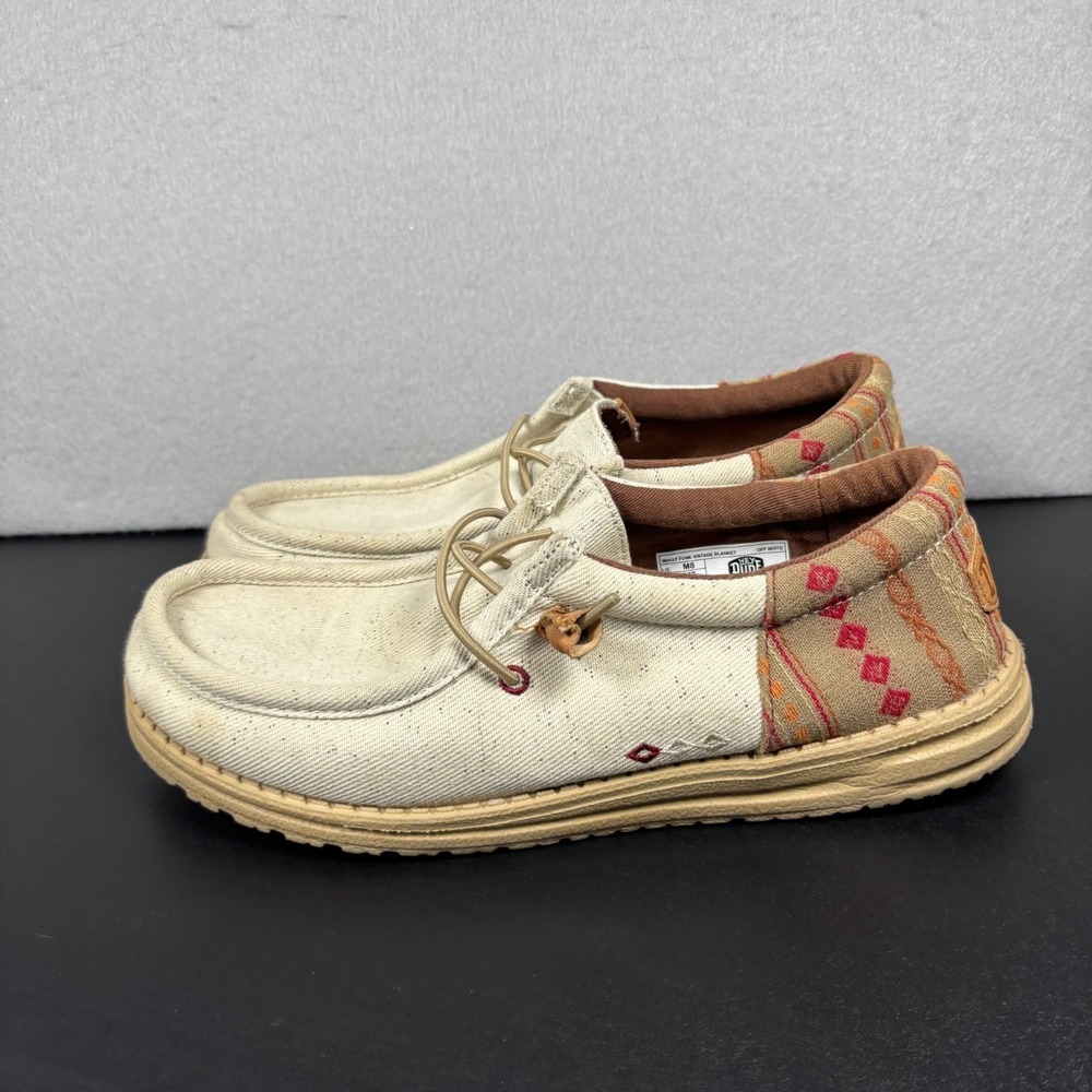 HEYDUDE Wally Funk Vintage Blanket Off White Canvas Men's Size 8 Slip On Shoes